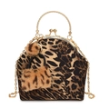 Leopard print faux fur frame handbag with golden circular handle and chain strap - Brown