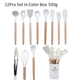 Set di 12 utensili da cucina in silicone bianco crema con manici in legno e secchiello - Bianco Latte Set da 12 Pezzi