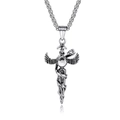 Silver snake sword pendant with wings and clear gem on a woven chain for men - White Zirconia Snake Sword Style