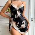 Nuisette en satin noir avec imprimé floral et bordure en dentelle beige pour femmes - Floral Noir