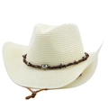 Detail van crème strooien cowboyhoed met evil eye kraal en bruine lederen bandjes - M(56-58cm) / crème