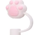 Pink and white cat paw silicone straw cover cap for 10mm drinking straws - Bear Paw / 10mm