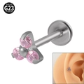 Solid G23 titanium flat back labret with pink gemstone flower and ear model showcase - 1.2x6mm / Pink (NO 2)