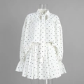 Detail of polka dot blouse showing ruffled cuffs and elegant neck tie bow detail - S / White