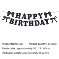 Detail of black glitter Happy Birthday banner with product specifications and dimensions - Happy Birthday Banner / Black
