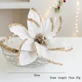 30cm white velvet artificial poinsettia flower with gold glitter and 15cm stem - Cream