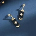 Modern vintage gold earrings with black enamel ovals and star-set zircon accents - Black Stud Earrings