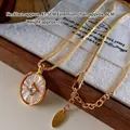 French vintage style tiger eye beaded gold necklace with oval zircon pendant - White Shell Necklace XL0614