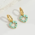 Boho heart earrings with mint green enamel and colorful crystals on golden base - Lake Blue