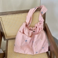 Pink checkered tote bag with blue butterfly embroidery and drawstring detail - Pink
