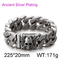Detail view of silver Cuban chain bracelet with skull clasp and product specifications - Antique Silver