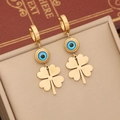 Golden stainless steel clover earrings with blue evil eye beads on a jewelry box - Clover Evil Eye Earrings (3# Earrings)