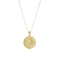 Golden round coin necklace with flower pattern and zircon inlay on white background - May - Lily