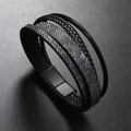 Mehrlagiges schwarzes Lederarmband für Herren mit Denim-Struktur und Magnetverschluss aus Metall - Schwarz