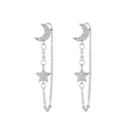 Silver star and moon tassel drop earrings with sparkling clear cubic zirconia stones - Star & Moon Tassel Style (EH00230 White Gold Plated) / Silver