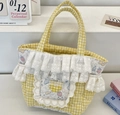 Quilted yellow checkered tote bag with white lace trim and cute strawberry prints - Yellow Check