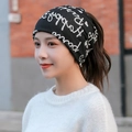 Multifunctional black cashmere-like neck gaiter and headband with white art pattern - One Size / 39 Elegant Letters