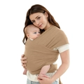 Ergonomic khaki cotton baby wrap carrier shown in a comfortable front-carrying position - Coffee