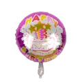 Detail of round foil birthday balloon with pink border and cake graphic on white back - English Birthday Cake Round Balloon