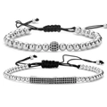 Ensemble de bracelets en perles argentées avec zircons noirs et cordon tressé réglable - Ensemble / Argent