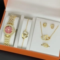 Golden 5pcs jewelry set with red quartz watch and crystal double heart accessories - Red Dial Gold (5pcs Set)