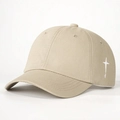 Detailed view of white star embroidery on a khaki cotton six-panel baseball cap - One Size / Light Khaki