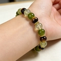 Elastic beaded sports bracelet with multi-colored 8mm beads and golden metal spacers - Green Multi-color Beaded (0629)