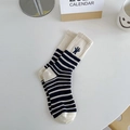 Off-white and navy striped crew socks featuring a cute black rabbit embroidery detail - One Size / Beige Blue Striped