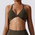 Reggiseno sportivo yoga verde oliva scuro con nodo frontale e taglio a vita alta - 12/L / caffè