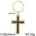 Golden stainless steel cross keychain with black carbon fiber inlay and round ring - Gold Cross Black Carbon Fiber Style (KY1195-Z)
