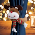 Plush Christmas reindeer curtain tieback with a striped scarf on dark blue drapes - Horizontal Reindeer