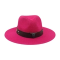 Chapeau de soleil bohème rose rouge avec bande en cuir et emblème crâne de taureau - Rose Rouge