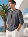 Camicia henley da uomo in cotone e lino grigio fumo con abbottonatura a righe strutturate - S / Grigio