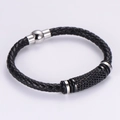 Fashionable black braided leather bracelet with stainless steel chain and magnetic clasp - Black