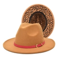 Detail view of khaki fedora hat with fuchsia leather band and leopard print lining - M (56-58cm) / Camel