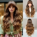 Perruque synthétique longue et bouclée ombré marron avec frange de 24 pouces - Ombré Brun Or (MW9105-1) 24inch