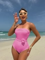 Pink bandeau one-piece swimsuit featuring 3D floral detail and strapless bikini design - S / Pink