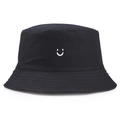 Unisex black sun protection bucket hat with white embroidered smiley face on cotton fabric - One Size (56-58cm) Non-adjustable / Black