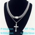 Silver double layer necklace set with chunky Cuban chain and cross pendant for men - Steel Color Layered Necklace