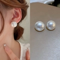 Minimalist silver needle stud earrings featuring large white pearls with a soft luster - White Round Style (44#)