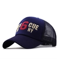 Detail of navy mesh baseball cap with 6 CUE NY 3D embroidery and breathable rear mesh - Navy Blue
