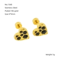 18K gold plated stainless steel heart stud earrings with black sparkling stones - Black Zirconia