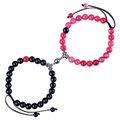 Magnetic couples bracelets with black and pink natural stone beads and adjustable cord - Woven Style Round Magnet / Black Red