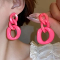 Neon pink chunky chain link drop earrings shown on model for size and style reference - 75# Silver Earring Post - Pink Fluorescent Exaggerated Thick Chain