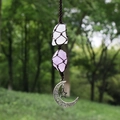 Handmade woven car pendant with raw rose quartz and crescent moon metal charm - Clear Quartz + Amethyst (Brown Rope)