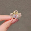 Pink heart crystal hair clip with diamond wings on a golden alloy base - Pink Heart