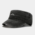 Close-up of white mountain embroidery on washed dark grey denim flat top military cap - Adjustable / Black