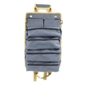 Flat lay of gray roll-up tool bag with yellow trim showing multiple zipper pockets - Gray