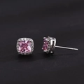 Square pink zircon stud earrings with white micro-pave crystals and silver finish - Pink (Single)