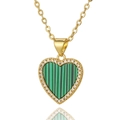 Golden heart necklace featuring a green striped malachite stone with white zircon borders - Malachite Pattern Heart Style (CX-D926)